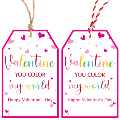 Valentines Day Gift Tags Happy Valentine's Day Gift Tags with String, 50 PCS Valentine You Color My World Tags Valentine Design Personalized Tags for Gift Wrap, Valentine's Day Decoration