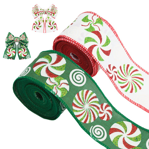 Christmas Wired Ribbon 2.5 Inch Christmas Candy Ribbon 20 Yards Christmas Tree Ribbon Red and Green Glitter Ribbon for Christmas Tree Decoration, Garland, Wreath, Gift Wrapping (Red and Green)