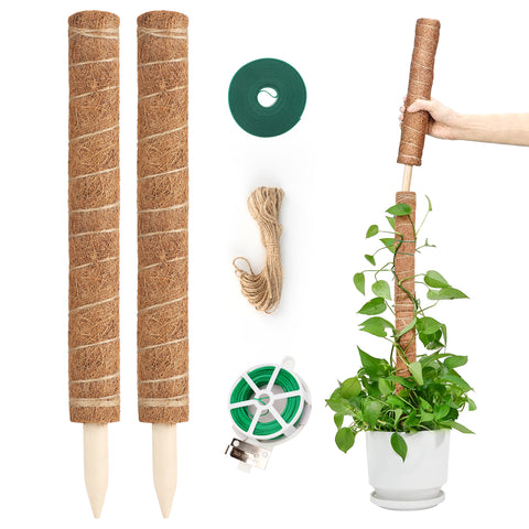 KINGLAKE 2Pcs 60cm Moss Pole, Coco Coir Totem Moss Sticks for Climbing Plant Support, Plant Stakes for Monstera Cheese Plants Grow Upwards with 30m Plant Ties,2m Garden Tape,10m Jute Twine