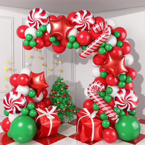 Adeyoo Christmas Balloon Garland Arch Kit ,Christmas holiday Party Balloons 133Pcs Red Green White Xmas Balloons with Candy Foil Mylar Gift Box ,Red Star,Cane Balloons for Xmas party Decorations