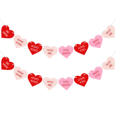 Valentines Conversation Hearts Candy Banner No DIY Valentines Day Heart Garland with 16Pcs Heart, 2Pack Pre-Strung Valentines Garland Heart Banner for Valentine's Day Decorations (Red and Pink)