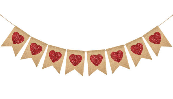 Valentines Burlap Hearts Banner No DIY Valentines Day Banner Red Glitter Heart Garland Pre-Strung Valentines Garland Heart Banner for Valentine's Day Wedding Anniversary Birthday Decorations (Red)