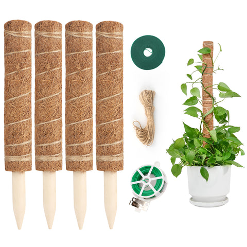 KINGLAKE 4Pcs 30cm Moss Pole, Coco Coir Totem Moss Sticks for Climbing Plant Support, Plant Stakes for Monstera Cheese Plants Grow Upwards with 30m Plant Ties,2m Garden Tape,10m Jute Twine