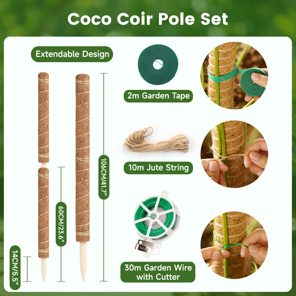 KINGLAKE 2Pcs 60cm Moss Pole, Coco Coir Totem Moss Sticks for Climbing Plant Support, Plant Stakes for Monstera Cheese Plants Grow Upwards with 30m Plant Ties,2m Garden Tape,10m Jute Twine