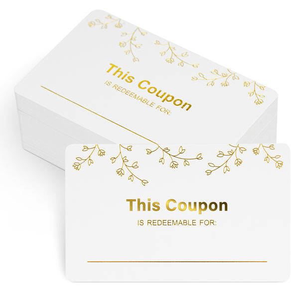 100PCS Blank Coupon Cards 3.5'' x2'' Redeem Gift Card Coupon Book Gift Voucher Gift Certificates for Him, Her, Mom, Wife, Husband, Business, Spas, Christmas (Gold)