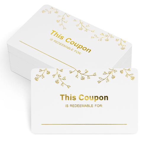 100PCS Blank Coupon Cards 3.5'' x2'' Redeem Gift Card Coupon Book Gift Voucher Gift Certificates for Him, Her, Mom, Wife, Husband, Business, Spas, Christmas (Gold)