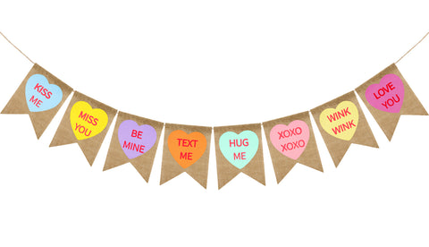 Valentines Conversation Hearts Candy Banner No DIY Heart Burlap Banner Heart Garland Pre-Strung Heart Design Garland Heart Banner for Valentine Decorations (Multicolor)