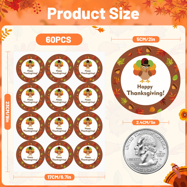 Thanksgiving Stickers Happy Thanksgiving Stickers 2 Inch Fall Thank You Stickers 60PCS So Very Thankful Stickers for Envelope Seals, Cards, Thanksgiving Party Favor Supplies (Turkey)