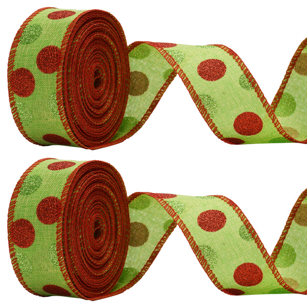 KINGLAKE GARDEN Christmas Wired Ribbon 22 Yards 1.5 Inch Christmas Red Green Dots Ribbon 2 Rolls Christmas Glitter Ribbon  Polka Dots Burlap Ribbon for Christmas Decoration, DIY Crafts (Green)