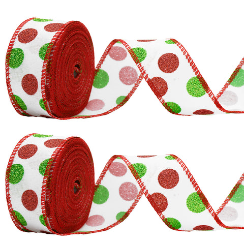 KINGLAKE GARDEN Christmas Wired Ribbon 22 Yards 1.5 Inch Christmas Red Green Dots Ribbon 2 Rolls Christmas Glitter Ribbon  Polka Dots Burlap Ribbon for Christmas Decoration (Red)