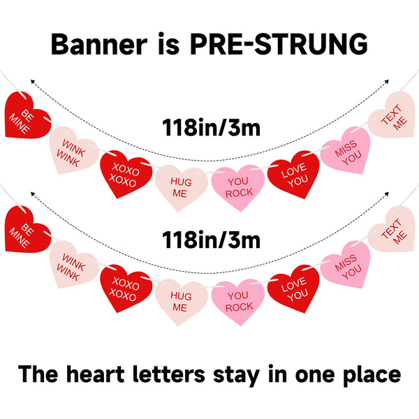 Valentines Conversation Hearts Candy Banner No DIY Valentines Day Heart Garland with 16Pcs Heart, 2Pack Pre-Strung Valentines Garland Heart Banner for Valentine's Day Decorations (Red and Pink)