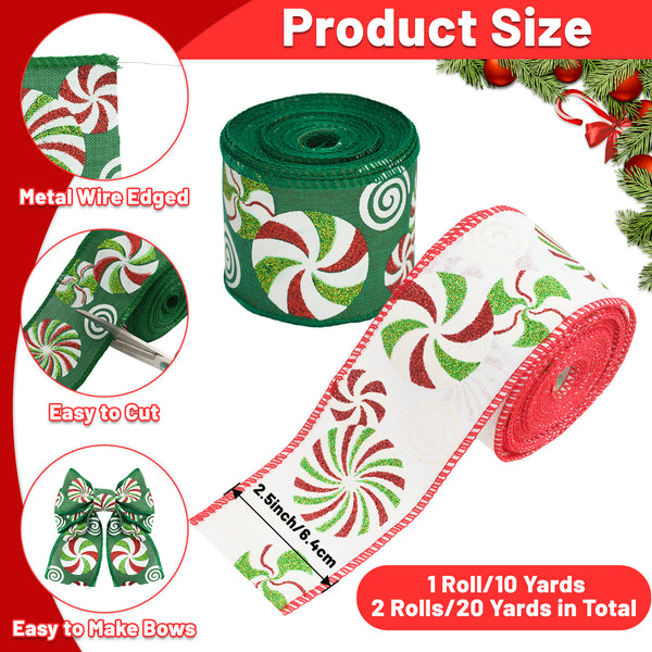 Christmas Wired Ribbon 2.5 Inch Christmas Candy Ribbon 20 Yards Christmas Tree Ribbon Red and Green Glitter Ribbon for Christmas Tree Decoration, Garland, Wreath, Gift Wrapping (Red and Green)