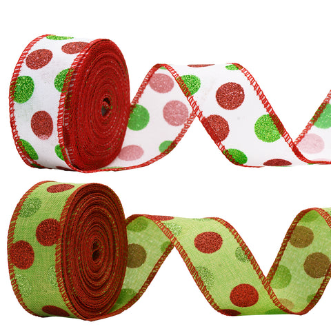 KINGLAKE GARDEN Christmas Wired Ribbon 22 Yards 1.5 Inch Christmas Red Green Dots Ribbon 2 Rolls Christmas Glitter Ribbon Christmas Tree Ribbon Polka Dots Burlap Ribbon for Christmas Decoration