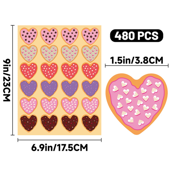 Valentine Candy Heart Stickers 480Pcs Valentines Day Stickers for Kids, Valentines Stickers Heart Dessert Stickers 1.5 Inch Heart Shaped Stickers for Envelope Seal, Valentines Day Decorations