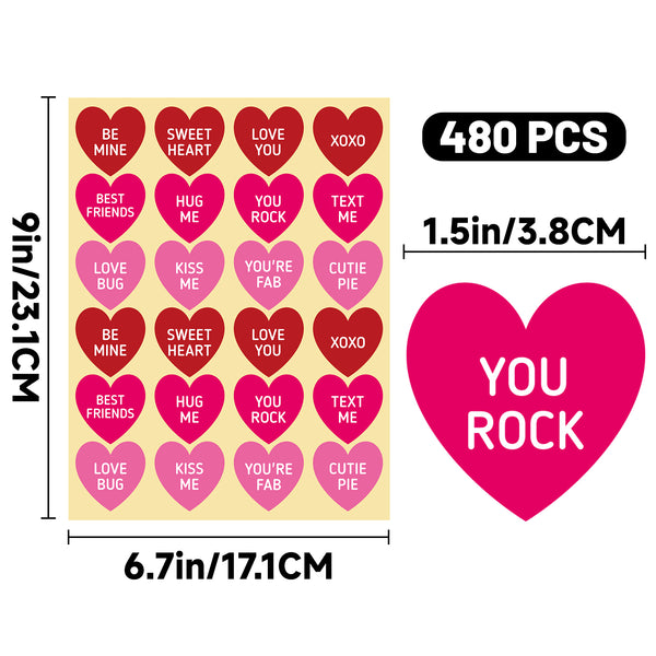 Valentine Candy Heart Stickers 480Pcs Valentines Conversation Hearts Stickers Valentines Day Stickers for Kids, 1.5 Inch Heart Shaped Stickers for Envelope Seals, Valentines Day Decorations