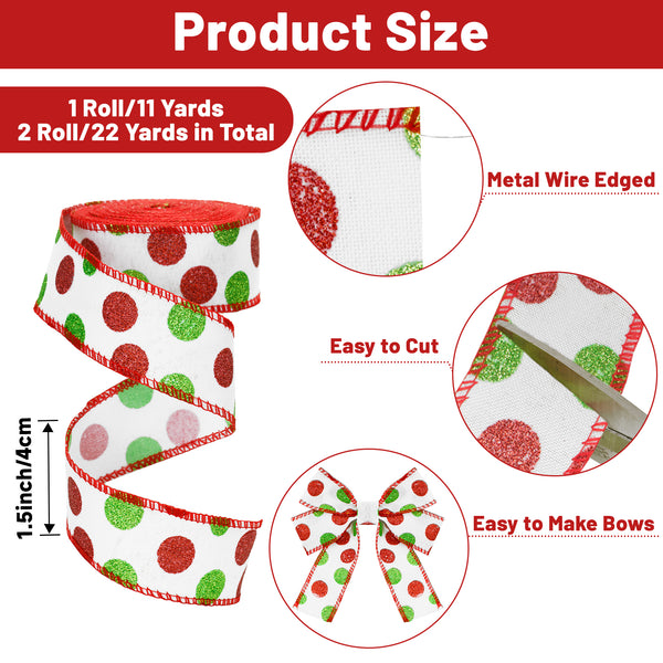 KINGLAKE GARDEN Christmas Wired Ribbon 22 Yards 1.5 Inch Christmas Red Green Dots Ribbon 2 Rolls Christmas Glitter Ribbon  Polka Dots Burlap Ribbon for Christmas Decoration (Red)