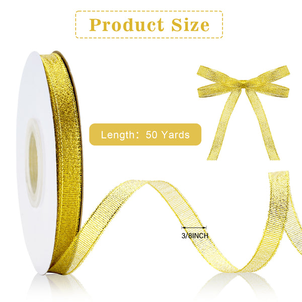 Gold Glitter Ribbon 3/8 Inch Thin Sparkly Fabric Ribbon 50 Yards Gift Ribbon Christmas Ribbon for Gift Wrapping, Presents, Crafts, Christmas Holiday Wedding Birthday Party Decoration (Gold)