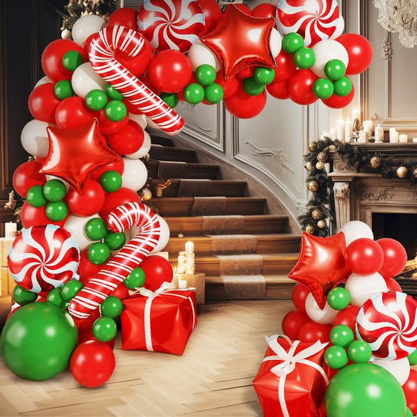 Adeyoo Christmas Balloon Garland Arch Kit ,Christmas holiday Party Balloons 133Pcs Red Green White Xmas Balloons with Candy Foil Mylar Gift Box ,Red Star,Cane Balloons for Xmas party Decorations