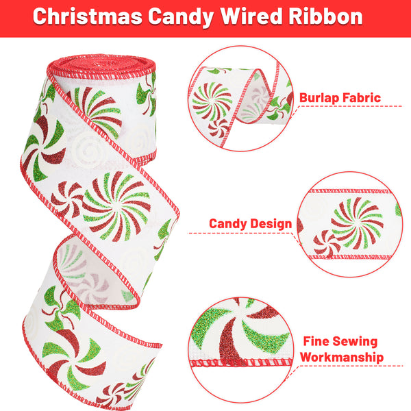 Christmas Wired Ribbon 2.5 Inch Christmas Candy Ribbon 20 Yards Christmas Tree Ribbon Red and Green Glitter Ribbon for Christmas Tree Decoration, Garland, Wreath, Gift Wrapping (Red and Green)