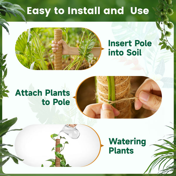 KINGLAKE 2Pcs 60cm Moss Pole, Coco Coir Totem Moss Sticks for Climbing Plant Support, Plant Stakes for Monstera Cheese Plants Grow Upwards with 30m Plant Ties,2m Garden Tape,10m Jute Twine