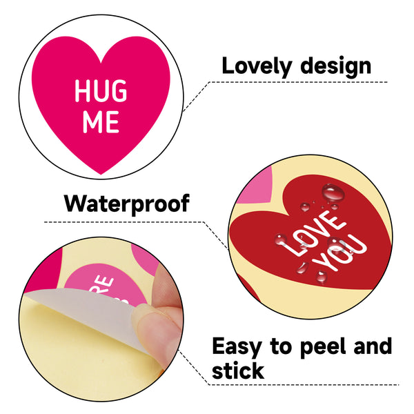 Valentine Candy Heart Stickers 480Pcs Valentines Conversation Hearts Stickers Valentines Day Stickers for Kids, 1.5 Inch Heart Shaped Stickers for Envelope Seals, Valentines Day Decorations