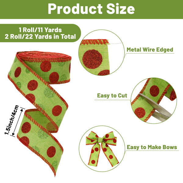 KINGLAKE GARDEN Christmas Wired Ribbon 22 Yards 1.5 Inch Christmas Red Green Dots Ribbon 2 Rolls Christmas Glitter Ribbon  Polka Dots Burlap Ribbon for Christmas Decoration, DIY Crafts (Green)