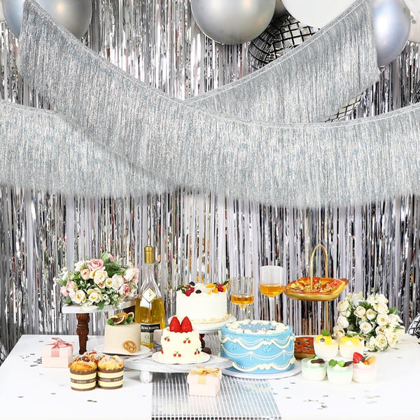 Silver Fringe Banner Fringe Tinsel Garland 6.56 Ft Silver Fringe Photo Backdrop Silver Tinsel Garland for Disco Bachelorette 21st Birthday Party Decoration (Silver)