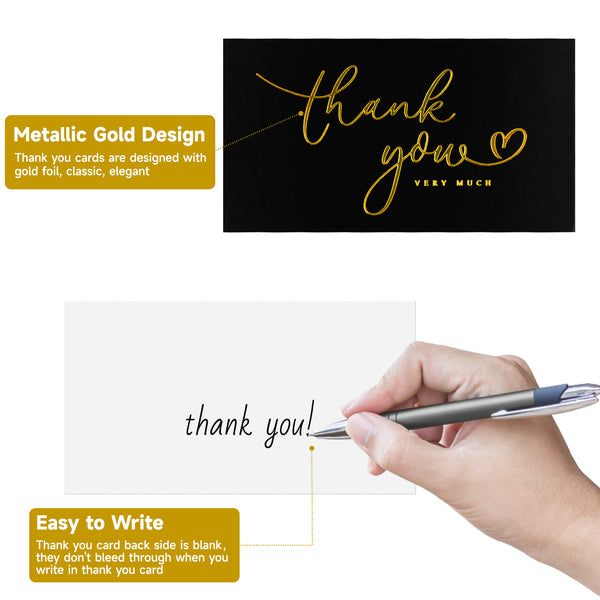 Thank You Cards 100PCS Metallic Gold Thank You Very Much Cards 3.5 x 2 Inch Small Business Thank You Notes Mini Thank You Cards for Wedding, Baby Shower, Graduation, Bridal Shower, Funeral (Black)