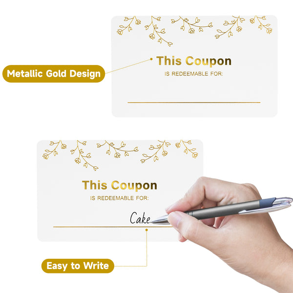 100PCS Blank Coupon Cards 3.5'' x2'' Redeem Gift Card Coupon Book Gift Voucher Gift Certificates for Him, Her, Mom, Wife, Husband, Business, Spas, Christmas (Gold)