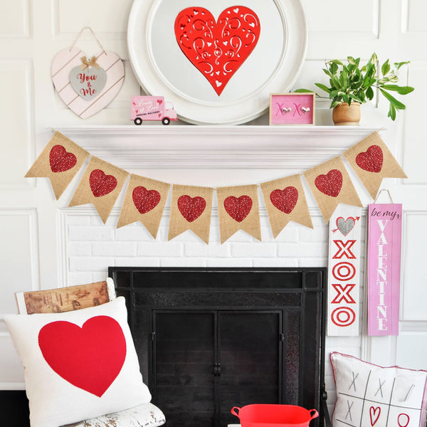 Valentines Burlap Hearts Banner No DIY Valentines Day Banner Red Glitter Heart Garland Pre-Strung Valentines Garland Heart Banner for Valentine's Day Wedding Anniversary Birthday Decorations (Red)