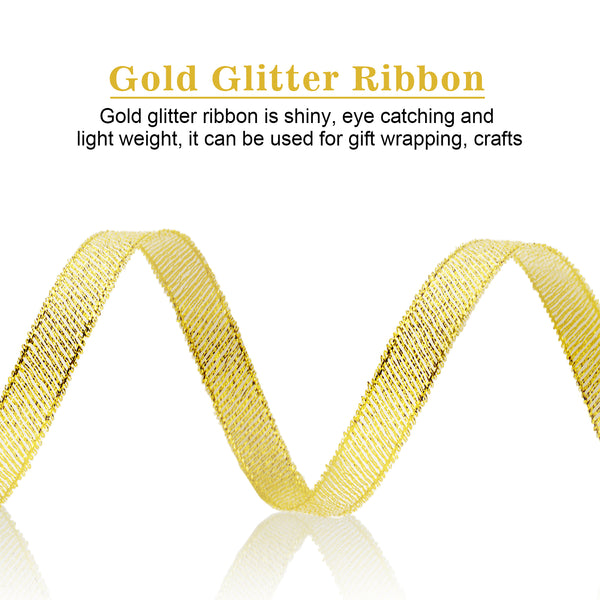 Gold Glitter Ribbon 3/8 Inch Thin Sparkly Fabric Ribbon 50 Yards Gift Ribbon Christmas Ribbon for Gift Wrapping, Presents, Crafts, Christmas Holiday Wedding Birthday Party Decoration (Gold)