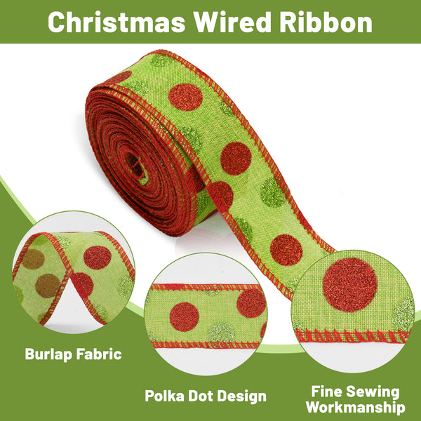 KINGLAKE GARDEN Christmas Wired Ribbon 22 Yards 1.5 Inch Christmas Red Green Dots Ribbon 2 Rolls Christmas Glitter Ribbon  Polka Dots Burlap Ribbon for Christmas Decoration, DIY Crafts (Green)