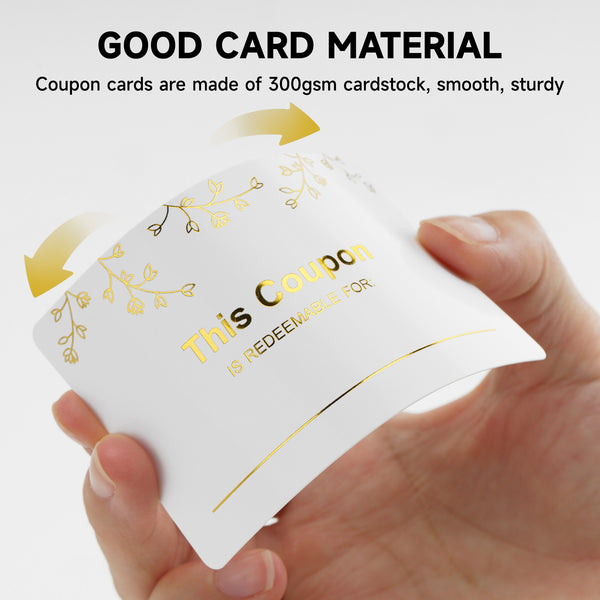 100PCS Blank Coupon Cards 3.5'' x2'' Redeem Gift Card Coupon Book Gift Voucher Gift Certificates for Him, Her, Mom, Wife, Husband, Business, Spas, Christmas (Gold)