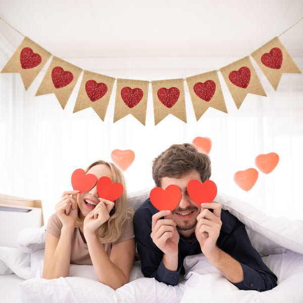 Valentines Burlap Hearts Banner No DIY Valentines Day Banner Red Glitter Heart Garland Pre-Strung Valentines Garland Heart Banner for Valentine's Day Wedding Anniversary Birthday Decorations (Red)