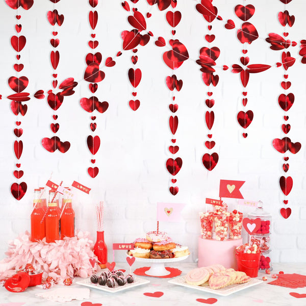 Valentines Hearts Garland No DIY 144 Red Heart Garland Pre-Strung Heart Streamer Banner Heart Banner for Valentine Anniversary Wedding Decorations